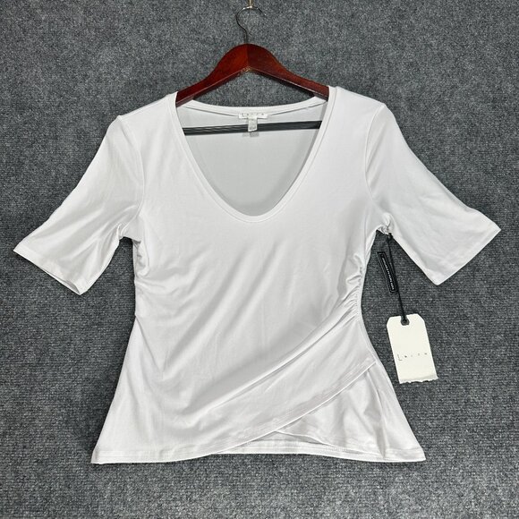 Leith Top Womens Medium White Stretch Knit Tee 3/4 Sleeve Ruched Side NEW - Picture 1 of 8